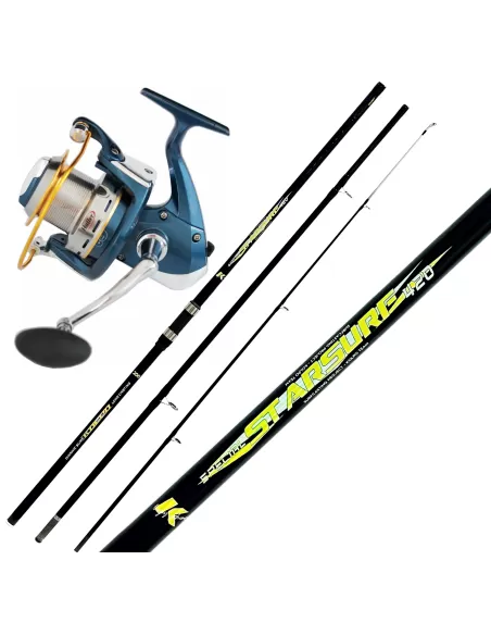 Combo Surfcasting Rock Fishing con Caña Tres Secciones 200 gr Carrete 8 bb