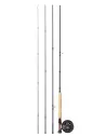 Kit de caña y carrete para pesca con mosca.